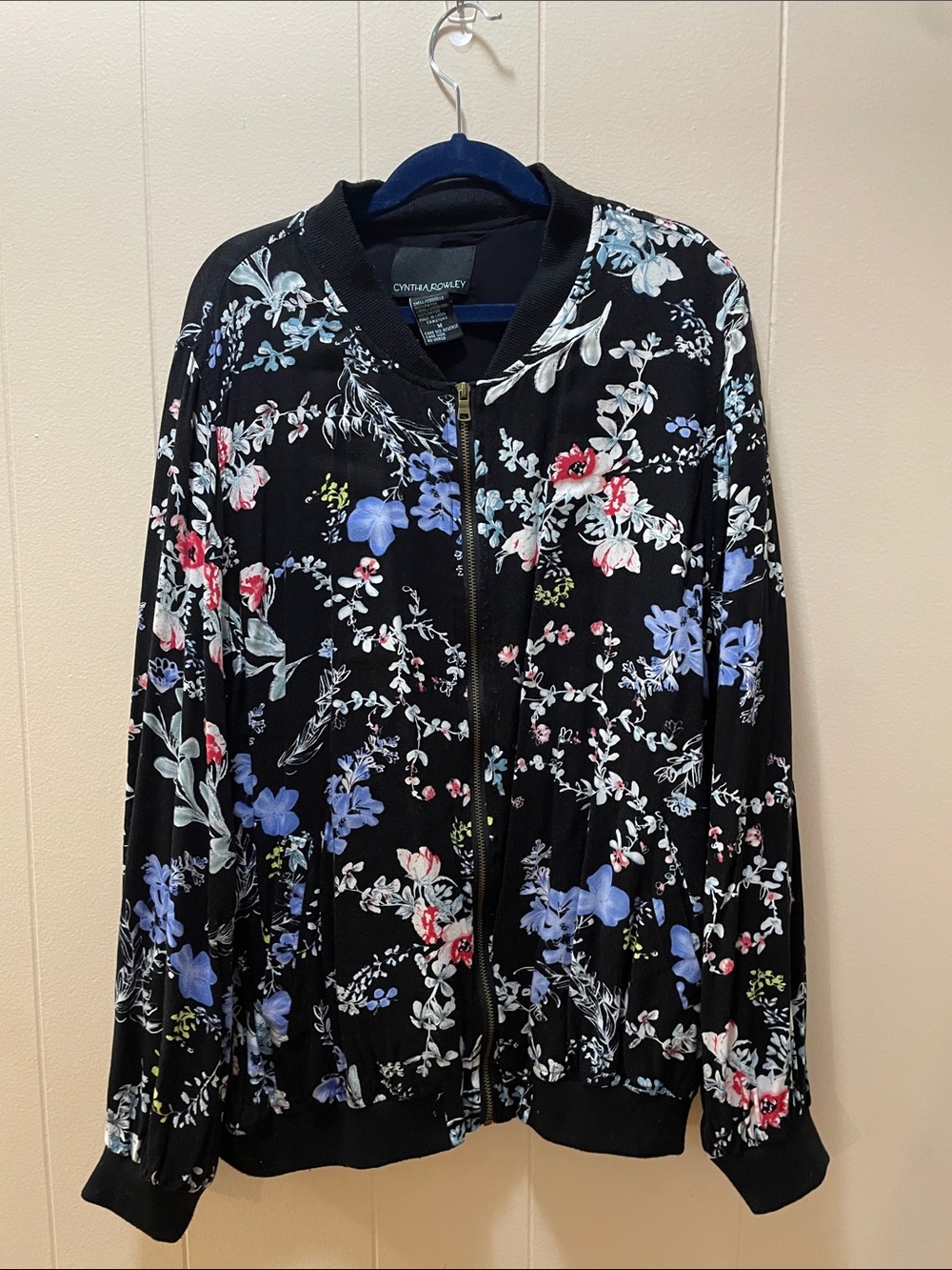 Cynthia Rowley Black Floral Zip Bomber Jacket